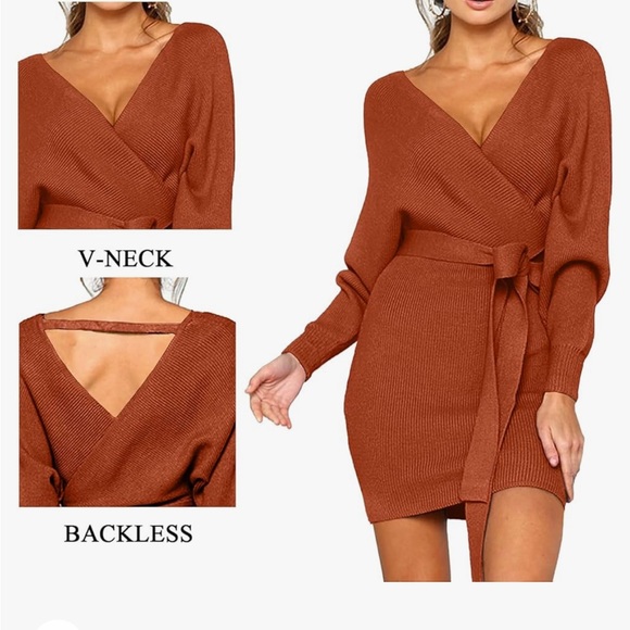 CHERFLY Dolman SLV Faux Wrap Backless Bodycon/Glam Belt Caramel Sweater Dress S - Picture 11 of 16